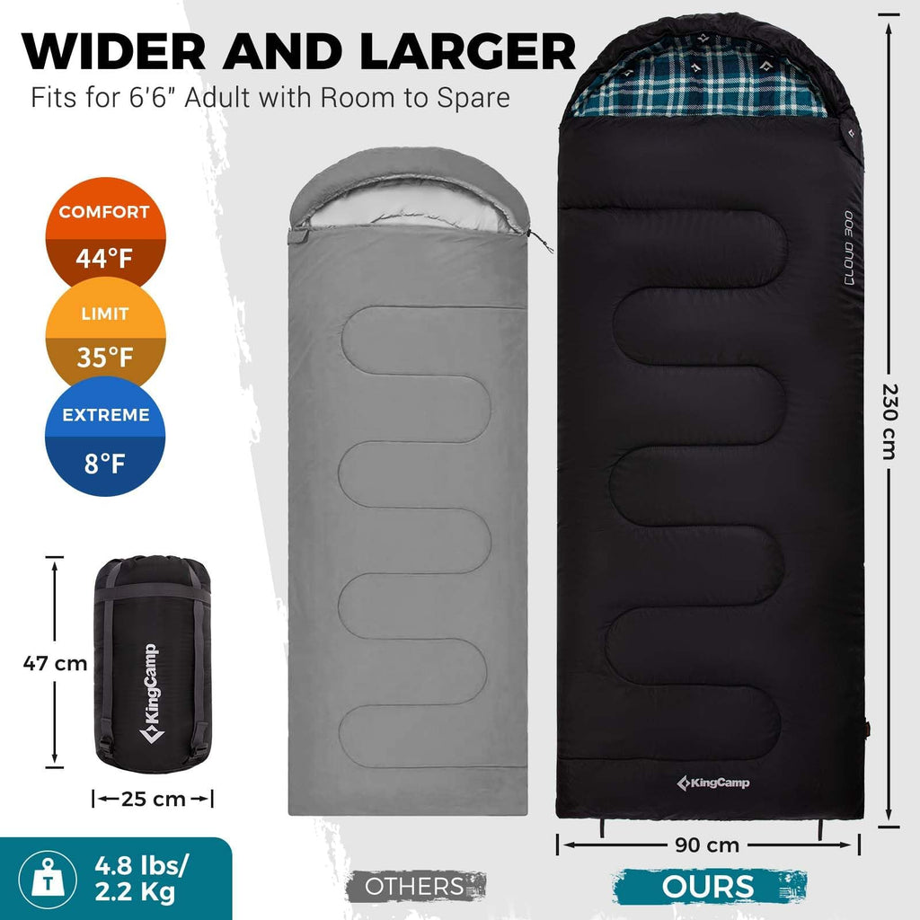 KingCamp Sleeping Bag for Adults, Cold Weather & Warm XL Big and Tall Flannel Sleeping Bags with Compression Sack Portable Waterproof Essentials Gear Accessories for Outdoor Camping (Black Left)
