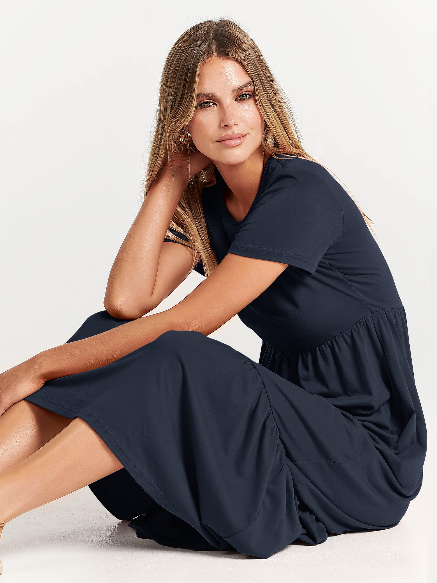 ANRABESS Womens 2025 Summer Casual Maxi Dress A line Tiered Flowy Short Sleeve Crewneck T Shirt Beach Travel Long Dresses X-Large Navy Blue