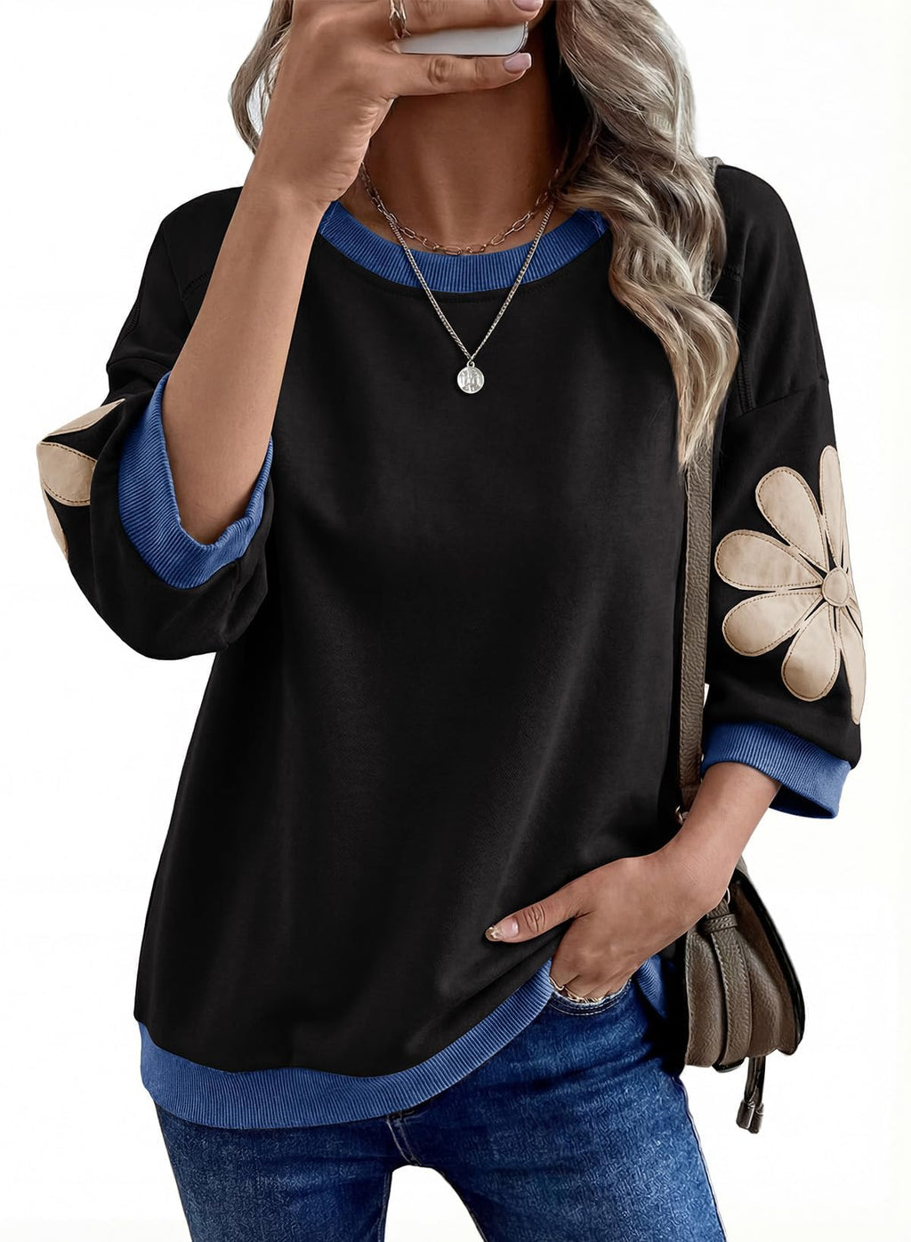 Dokotoo Women's Casual Tops 3/4 Sleeve Contrast Color Block Sweatshirt 2026 Round Neck Loose Fit Cute T Shirt Summer Fashion Floral Patchwork Black Pullover Tops Large