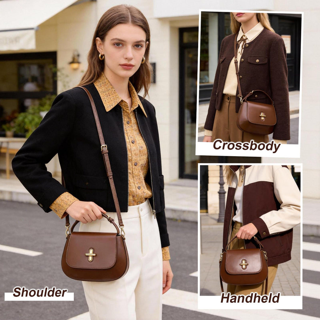 MoreFarther Genuine Leather Crossbody Bags for Women, Structured Handbags Leather Crossbody Purse(Coffee)