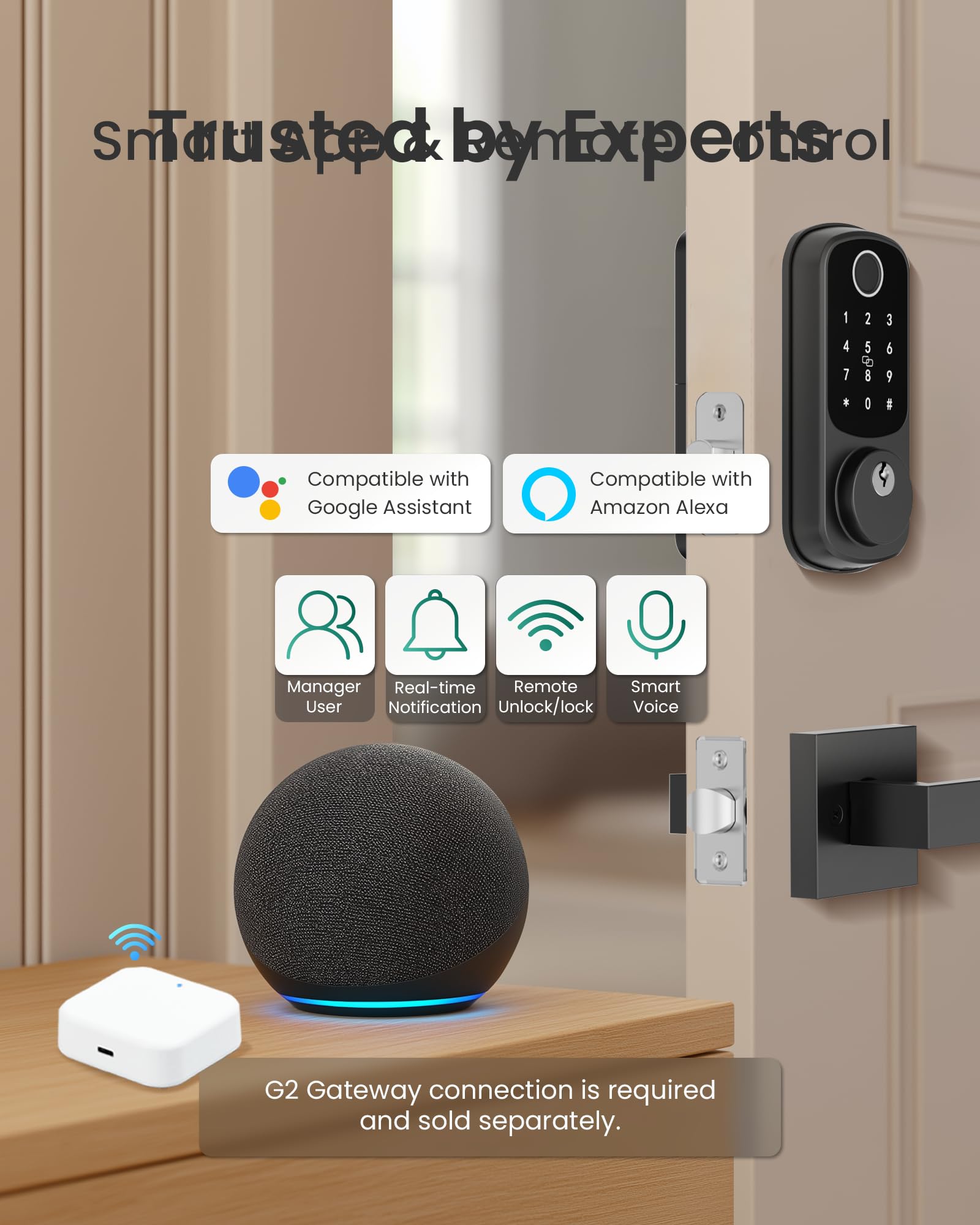 DESLOC B200 Fingerprint Smart Lock with 2 Lever Handles, Keyless Entry Front Door Lock Set, Electronic Keypad Deadbolt, App Control, Auto Lock, Long Battery Life, Secure Home Access