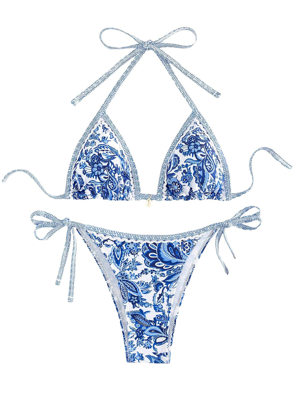 WDIRARA Women's 2 Piece Boho Swimsuits Floral Print Halter String Triangle Bikini Set Beach Bathing Suit Blue and White Small