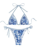 WDIRARA Women's 2 Piece Boho Swimsuits Floral Print Halter String Triangle Bikini Set Beach Bathing Suit Blue and White Small