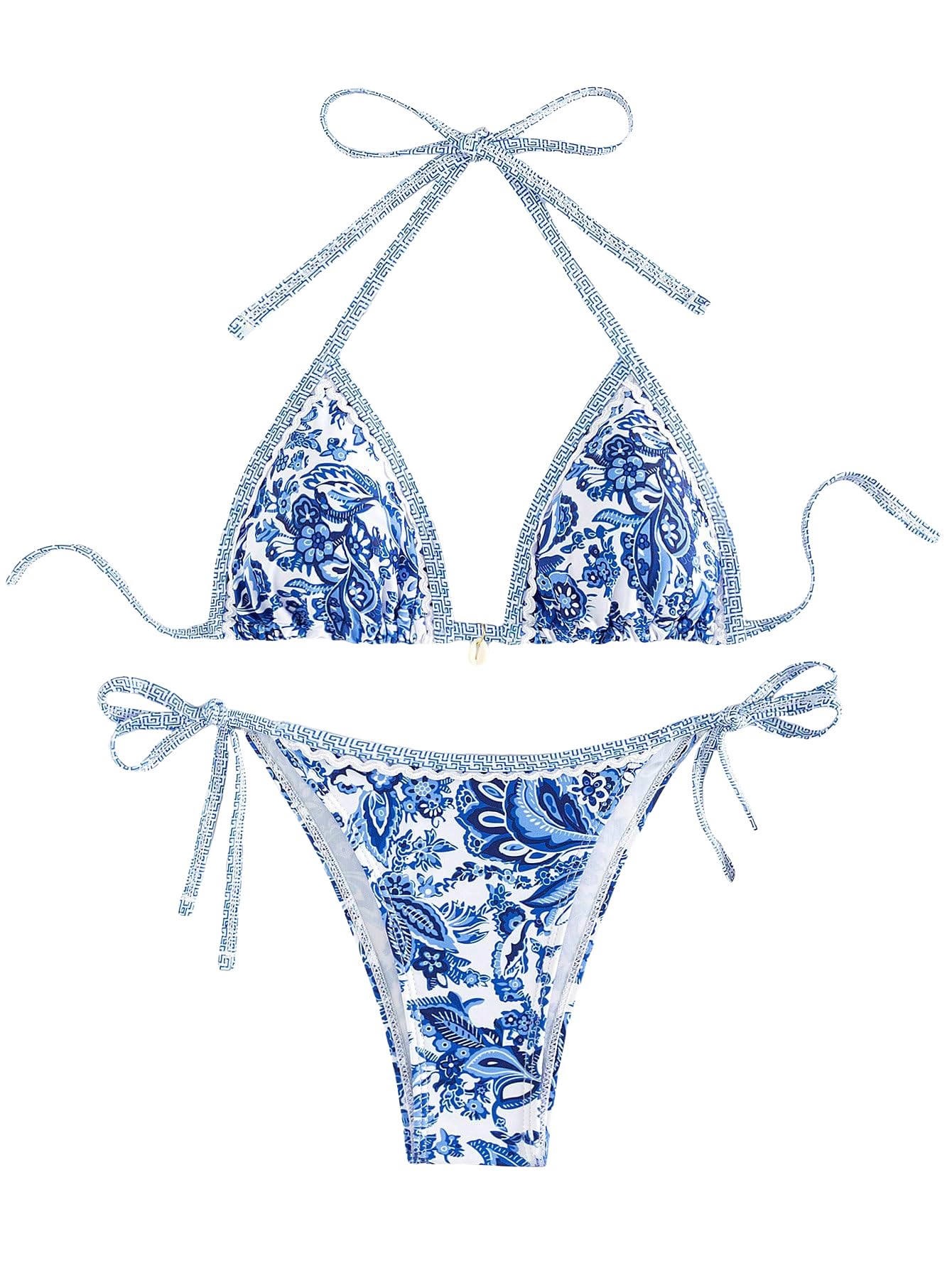 WDIRARA Women's 2 Piece Boho Swimsuits Floral Print Halter String Triangle Bikini Set Beach Bathing Suit Blue and White Small