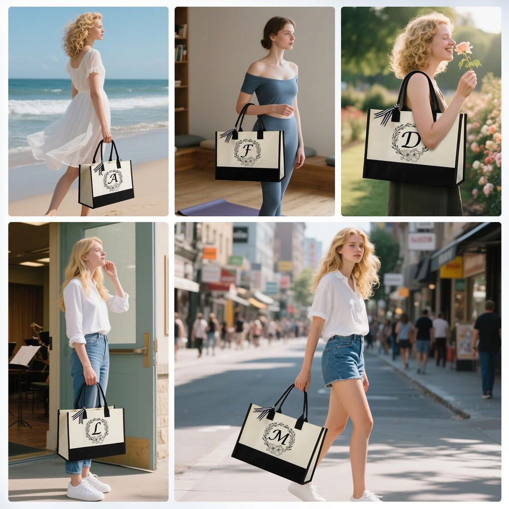 Miokok Personalized Initial Canvas Tote Bag, Beach Bags for Women, Birthday Gifts, Wedding Gift, for Mom, Teachers, Friends, Nurse（Letter S）