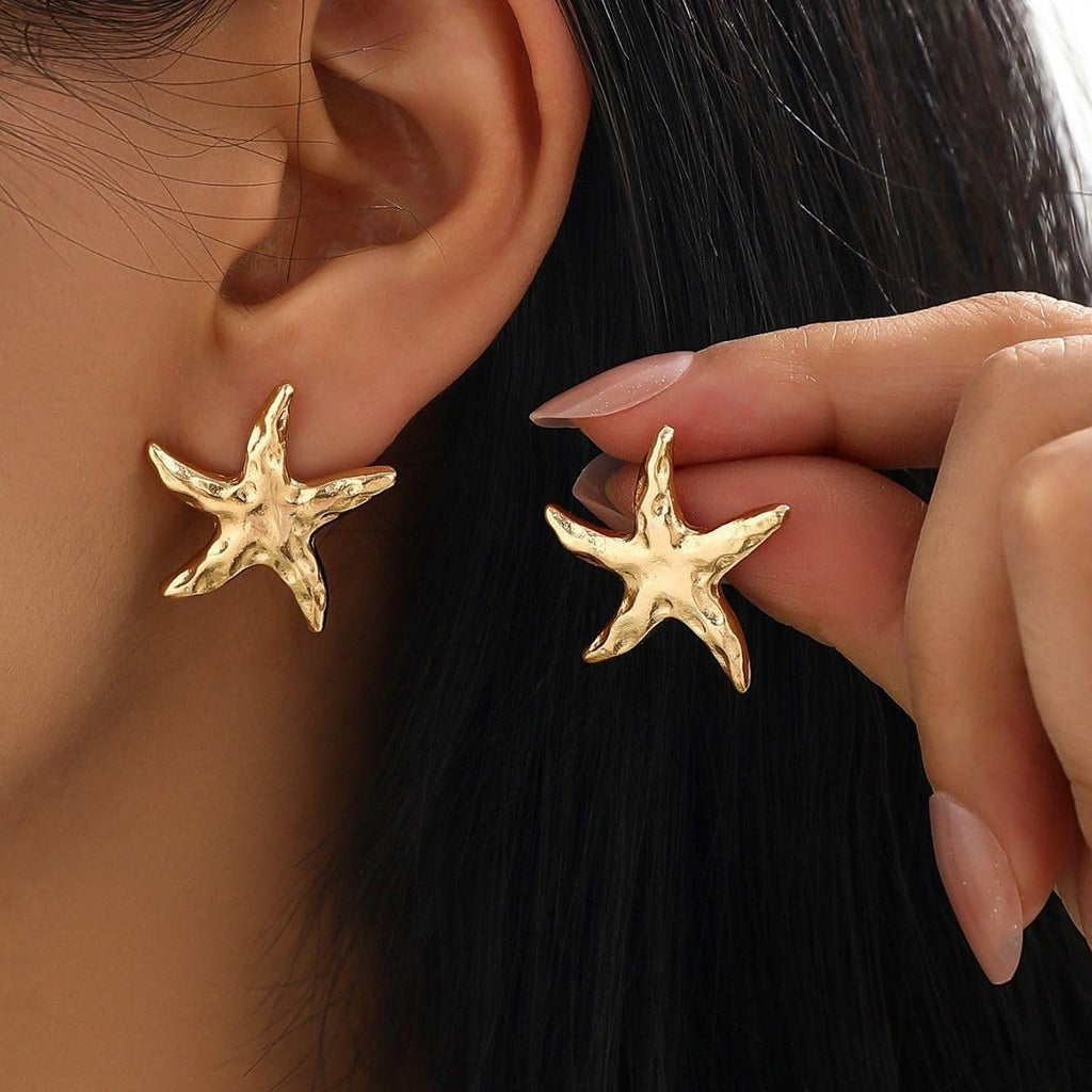 14K Gold Plated Starfish Earrings for Women Trendy, Boho Summer Beach Starfish Earring Gold Statement Hypoallergenic Studs Vacation Outfits Accessories Jewelry (Gold-2)