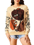 WDIRARA Women's Figure Graphic Print Sweatshirt Round Neck Long Sleeve Contrast Color Graffiti Pullovers Apricot L