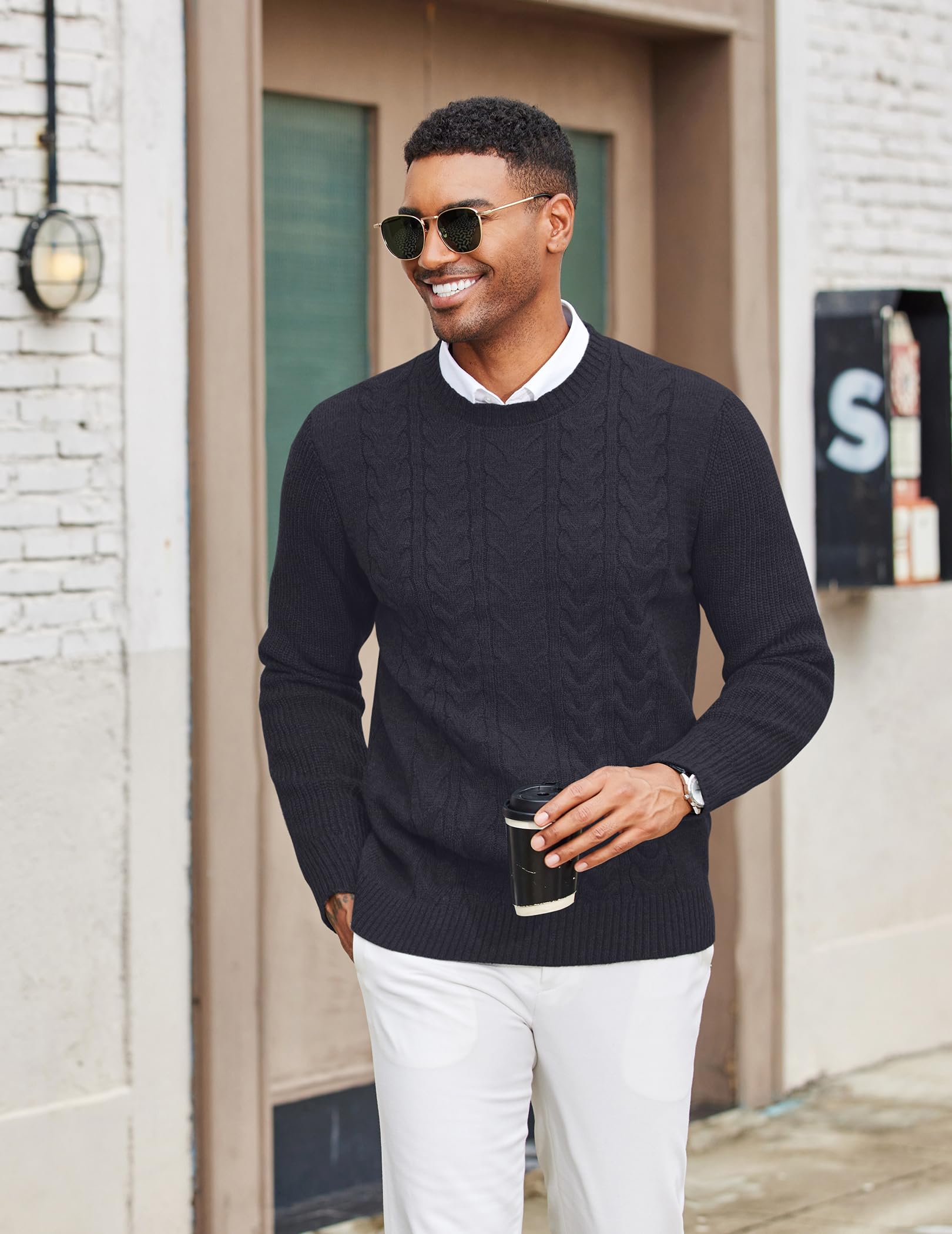 COOFANDY Mens Crewneck Pullover Sweater Classic Ribbed Long Leeve Fitted Chunky Knit Sweaters, Navy Blue, XX-Large