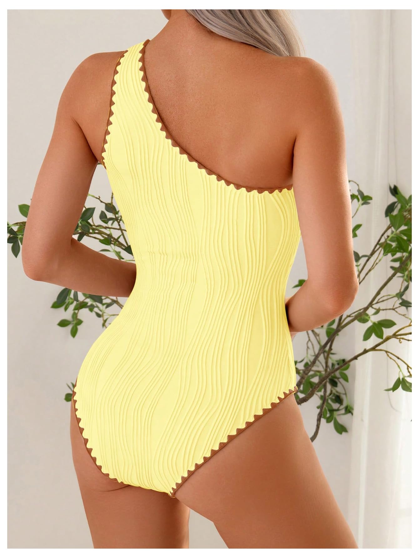 OYOANGLE Women's One Piece Swimsuit Starfish Textured One Shoulder Bathing Suit Beachwear Yellow Medium