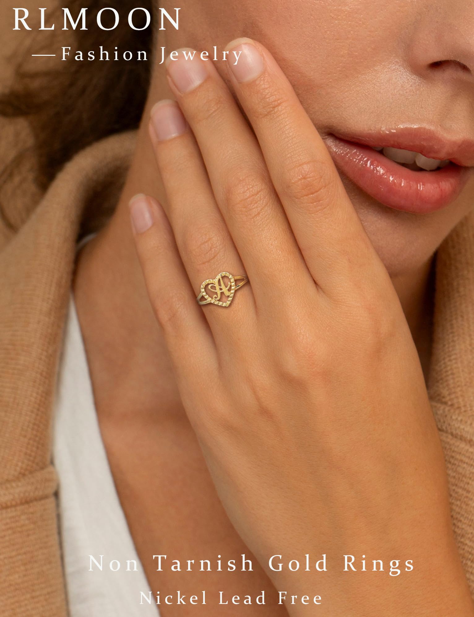 RLMOON Gold Initial Rings for Women Non Tarnish 14K Gold Plated Vintage Heart Love Rings Personalized Carved Letter A Statement Stackable Rings Size 7 Jewelry Gifts