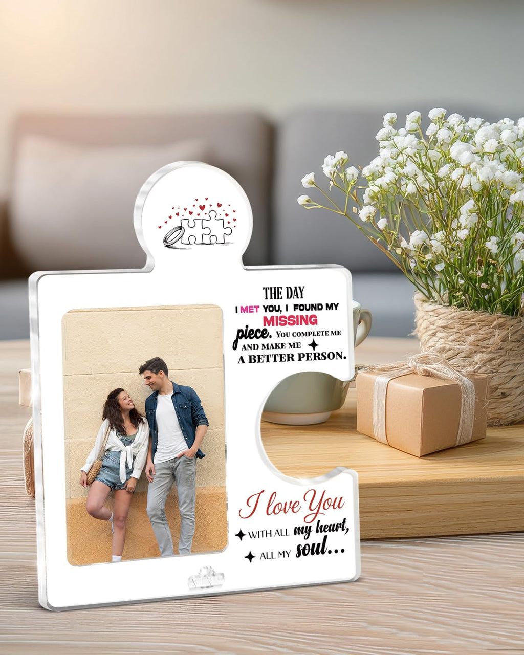 QPVXSST Romantic Couple Picture Frame Displays 4x6 Photo, Engagement Anniversary Wedding Photo Frame for Couples, I Found My Missing Piece Love Gifts for Girlfriend Boyfriend