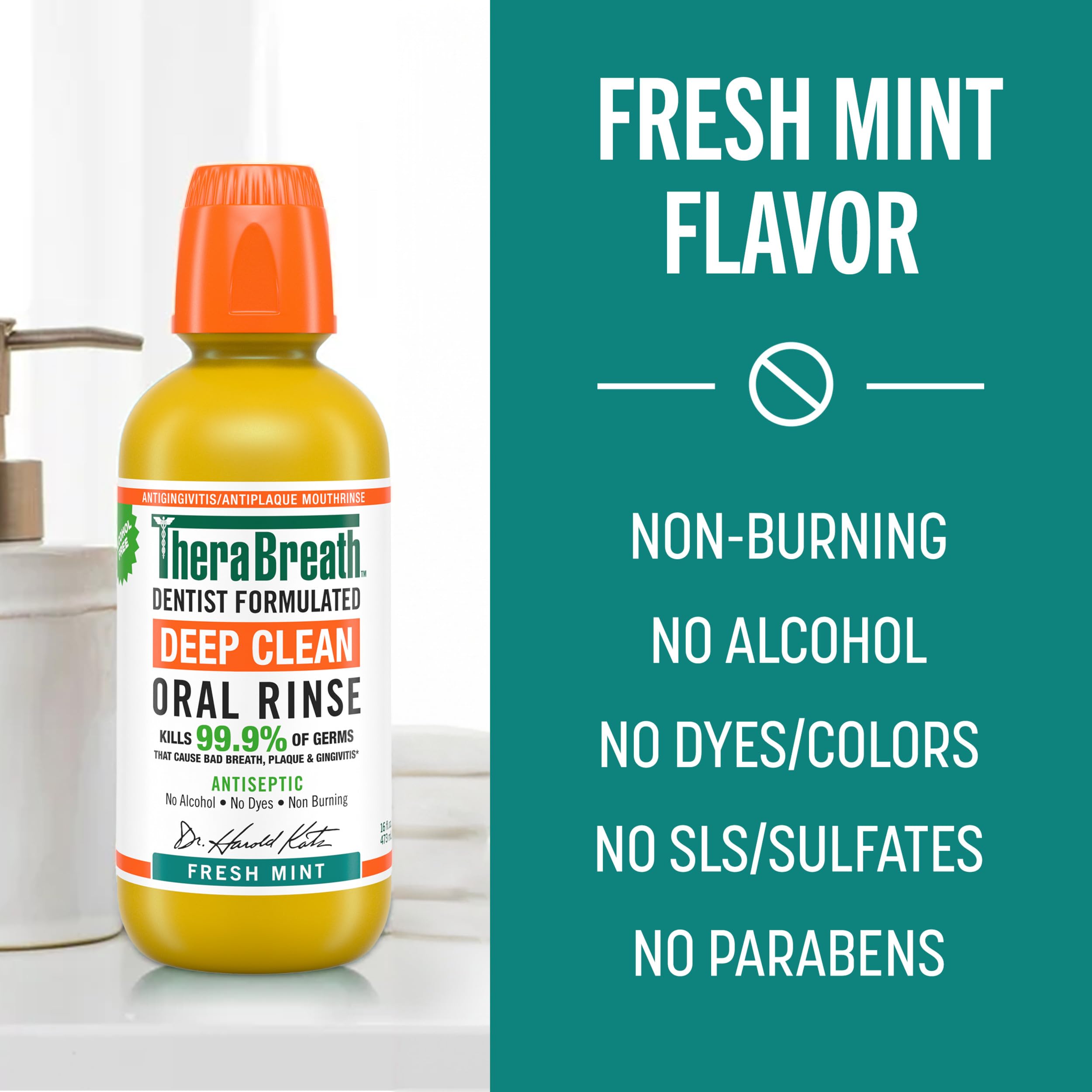 TheraBreath Deep Clean Mouthwash, Antiseptic Benefits, Fresh Mint Flavor, Dentist Formulated, Alcohol Free, 16 fl oz (Pack of 2)