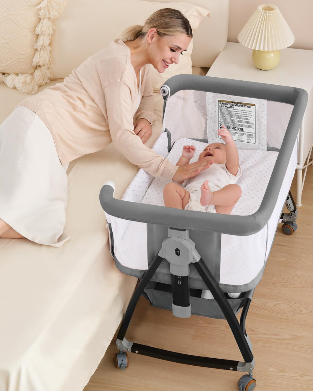 wayfong Baby Bassinet, Bassinet Bedside Sleeper with Wheels, Breathable Mesh Bedside Bassinet for Baby, Mosquito Net, Storage Basket, 6 Height Adjustable, Easy to Assemble