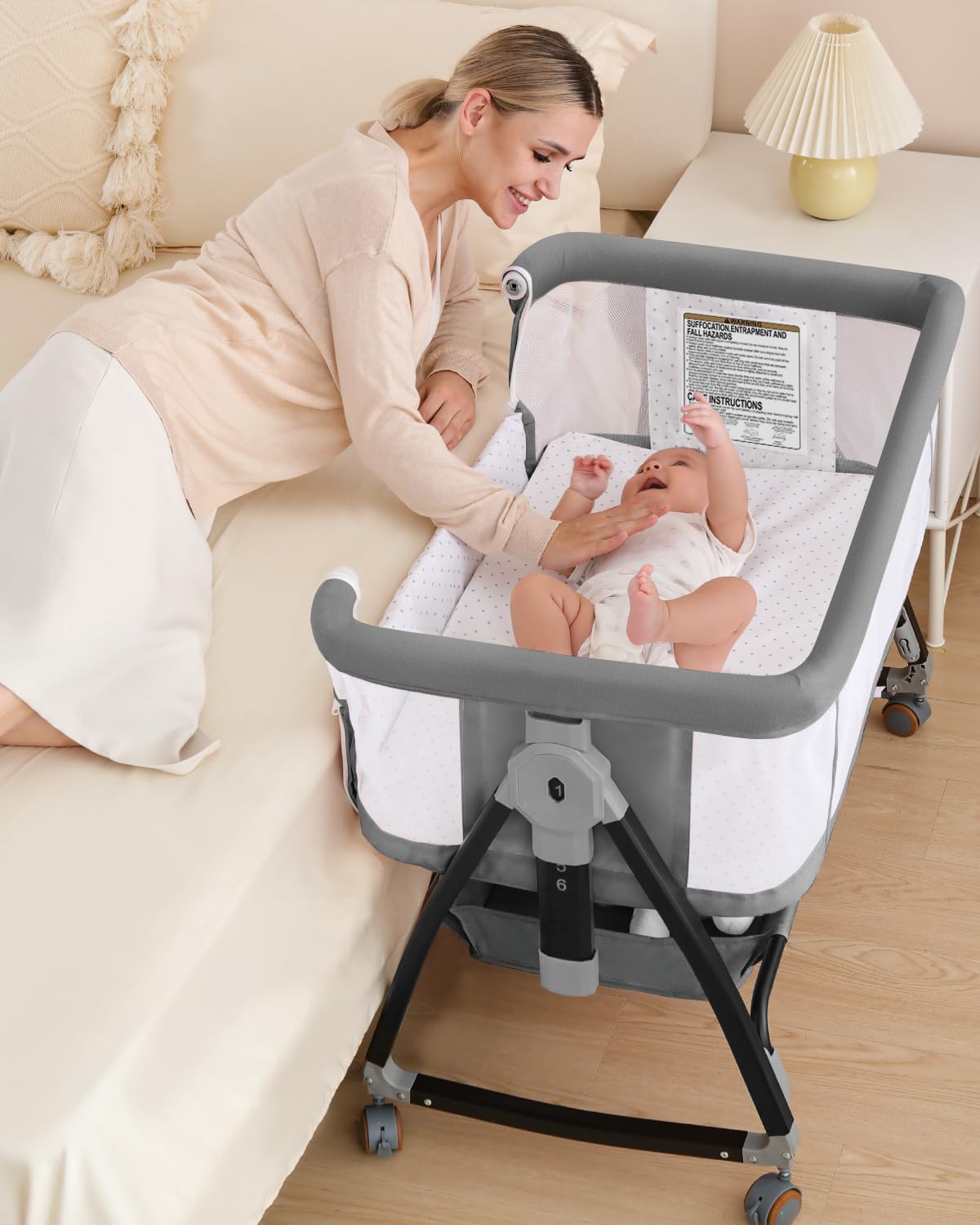 wayfong Baby Bassinet, Bassinet Bedside Sleeper with Wheels, Breathable Mesh Bedside Bassinet for Baby, Mosquito Net, Storage Basket, 6 Height Adjustable, Easy to Assemble
