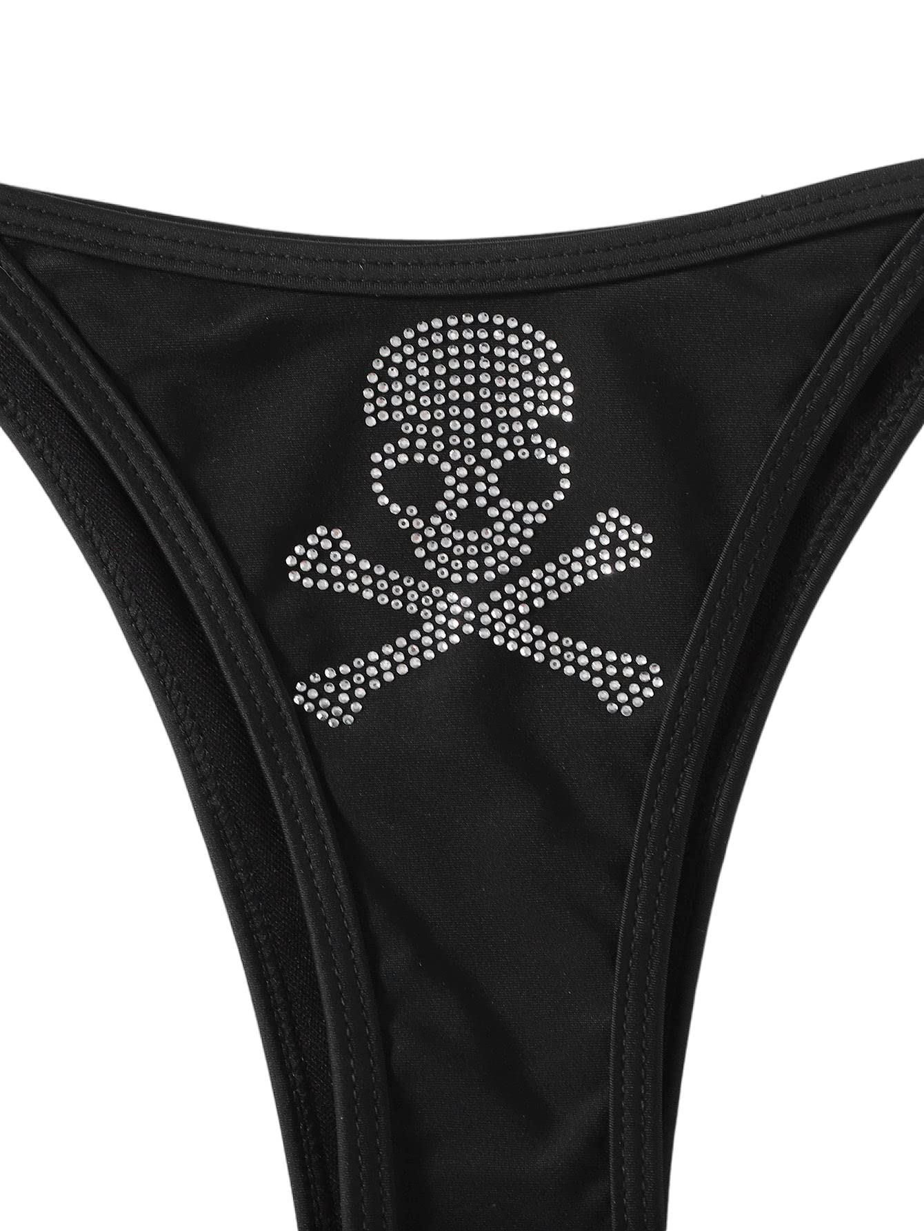 WDIRARA Women's Skull Pattern Halter Triangle Thong Sexy 2 Piece Bikini Swimsuit Black XL