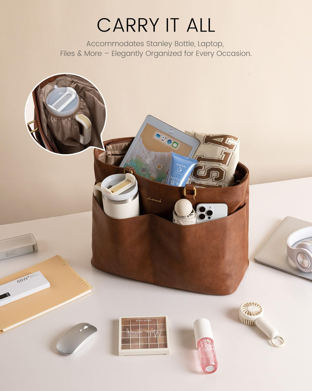 LOVEVOOK 15.6 Inch Laptop Bag for Women, Vintage Leather Work Tote Bags with Large Cup Holder, Teacher Nurse Medical Professional Computer Bag, Office Briefcase Handbag Gift