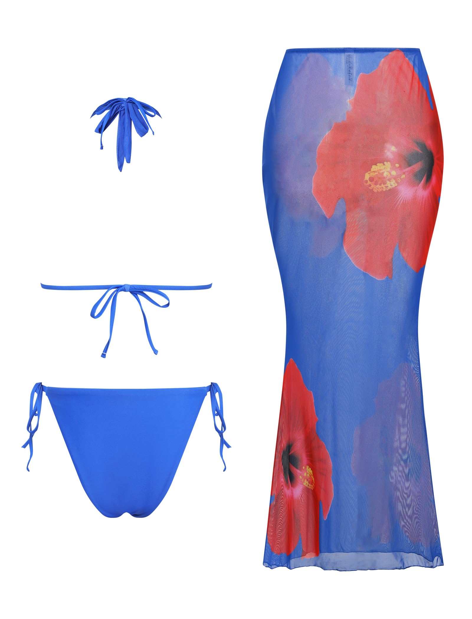 ZAFUL Women's 3 Piece Floral Swimsuit Draped Neck Halter Bikini Tie Side Bathing Suit with Sheer Cover Up Skirt 0-Blue Red Flower M