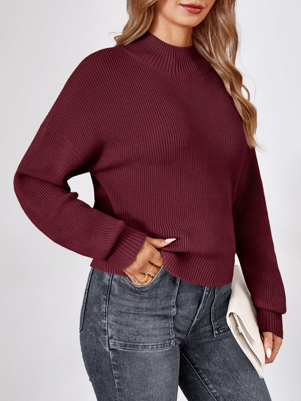 LILLUSORY Womens Turtleneck Mock Cropped Sweaters Winter Cute Oversized Knit Trendy Tops Fashion Long Sleeve Fall Clothes Wine S