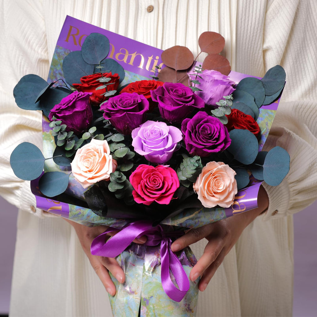 Lovenfold Flowers for Delivery Birthday Flowers Gift for Her,Preserved Flowers Bouquet 12 Roses Mixed Bouquet,Rose Gifts for Women Mom Grandma(Mixed 12 Purple-B Roses)