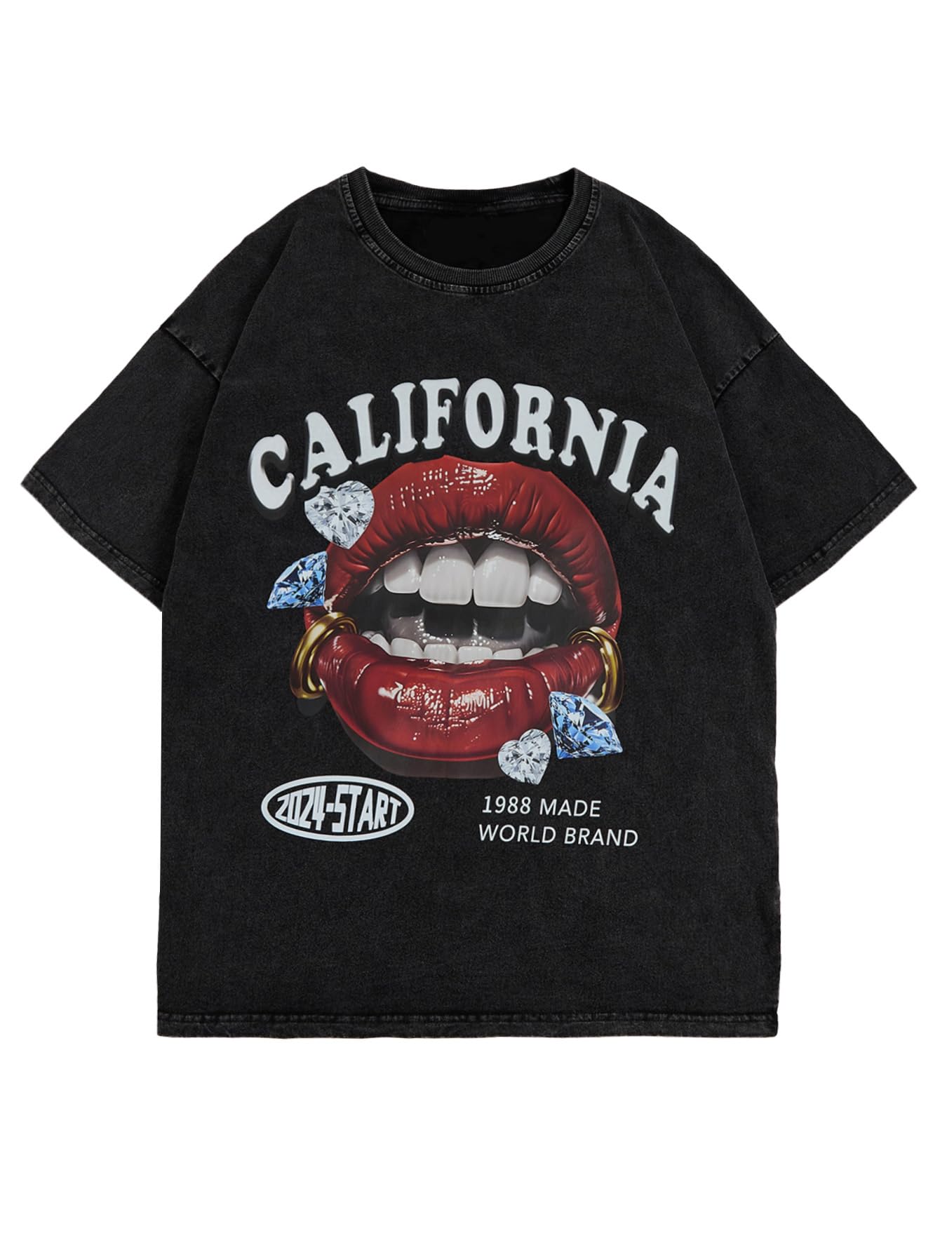 WDIRARA Men's Lip Graphic Tees Vintage Hipster Hip Hop Crew Neck Y2k T-Shirt Streetwear Top Black Red Medium