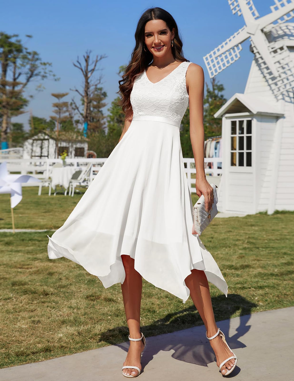 Meetjen Women A Line V Neck Sleeveless Lace Chiffon Dresses Cocktail Prom Dress Vestidos De Mujer Elegantes White 3XL