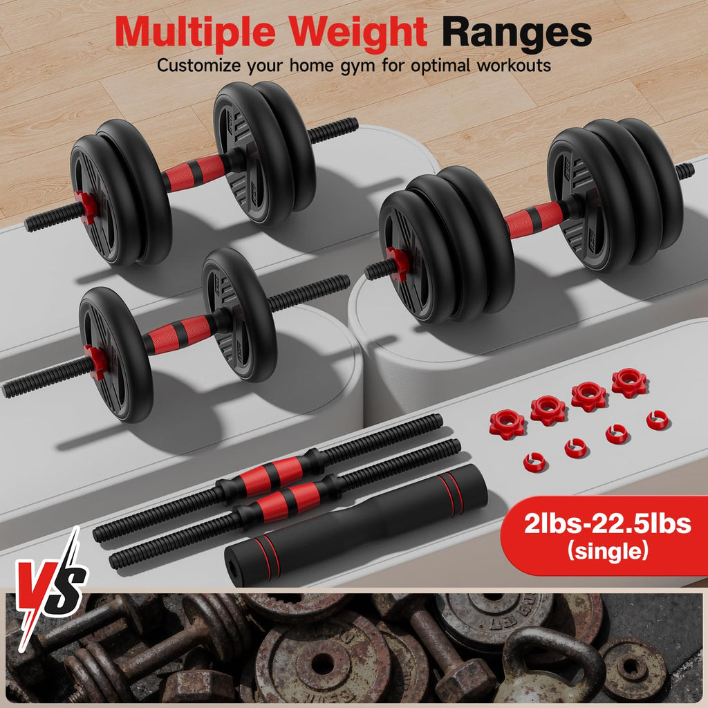 Cvonte Adjustable Dumbbell Set, 45lbs Free Weight Set With Double Locknut, 5-in-1 Dumbbells Set Includes Barbell, Kettlebells, Push up Stand, Fitness Exercise for Home Gym Suitable Men/Women