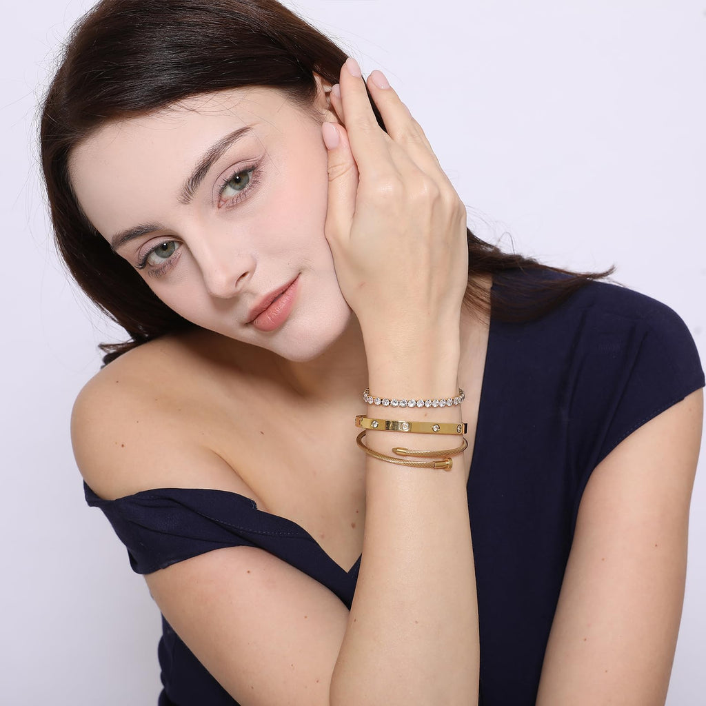 A D. 18 K Gold Plated Love Bangle Bracelet Set Stackable Cubic Zirconia Chain Bracelet Stainless Steel Chain Gold Bangle Bracelets for Women Valentine's Day (3 Sets(Tennis,Bangle))