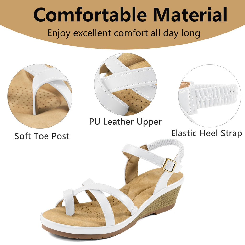Aomigoct Dressy Womens Wedge Sandals: White 8 Comfortable Platform Work Sandals for Women 2026 - Elastic Back Strap Casual Walking Wedding Shoes