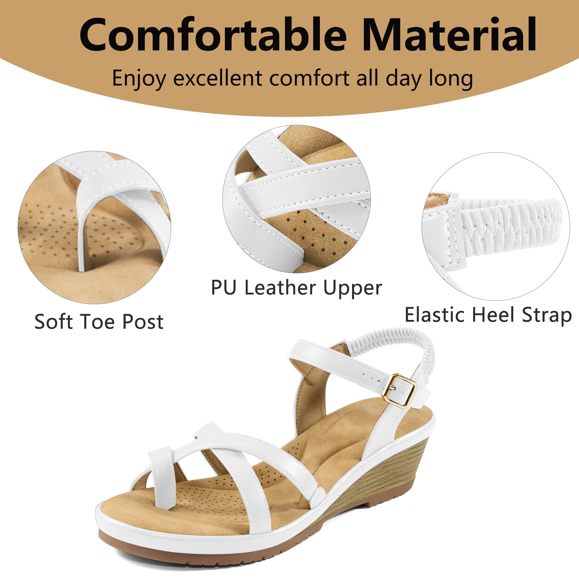 Aomigoct Dressy Womens Wedge Sandals: White 8 Comfortable Platform Work Sandals for Women 2026 - Elastic Back Strap Casual Walking Wedding Shoes