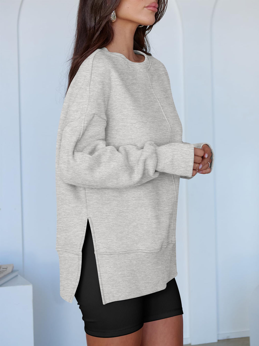 ANRABESS Women Oversized Sweatshirts Thumbhole Long Sleeve Hoodies Shirts 2025 Fall Side Slit Pullover Top Teen Y2k Outfits Grey Small