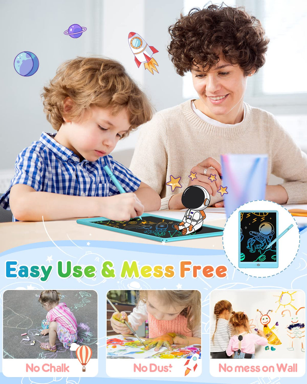 FLUESTON LCD Writing Tablet, Doodle Board Toys Gifts for 3-8 Year Old Girls Boys, 10 Inch Colorful Electronic Board Drawing Pad for Kids, Christmas Gifts for Toddler Educational Learning Travel, Blue