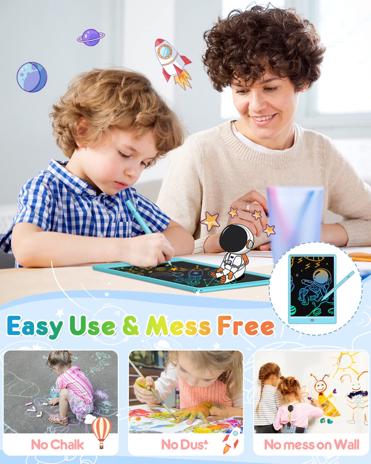 FLUESTON LCD Writing Tablet, Doodle Board Toys Gifts for 3-8 Year Old Girls Boys, 10 Inch Colorful Electronic Board Drawing Pad for Kids, Christmas Gifts for Toddler Educational Learning Travel, Blue