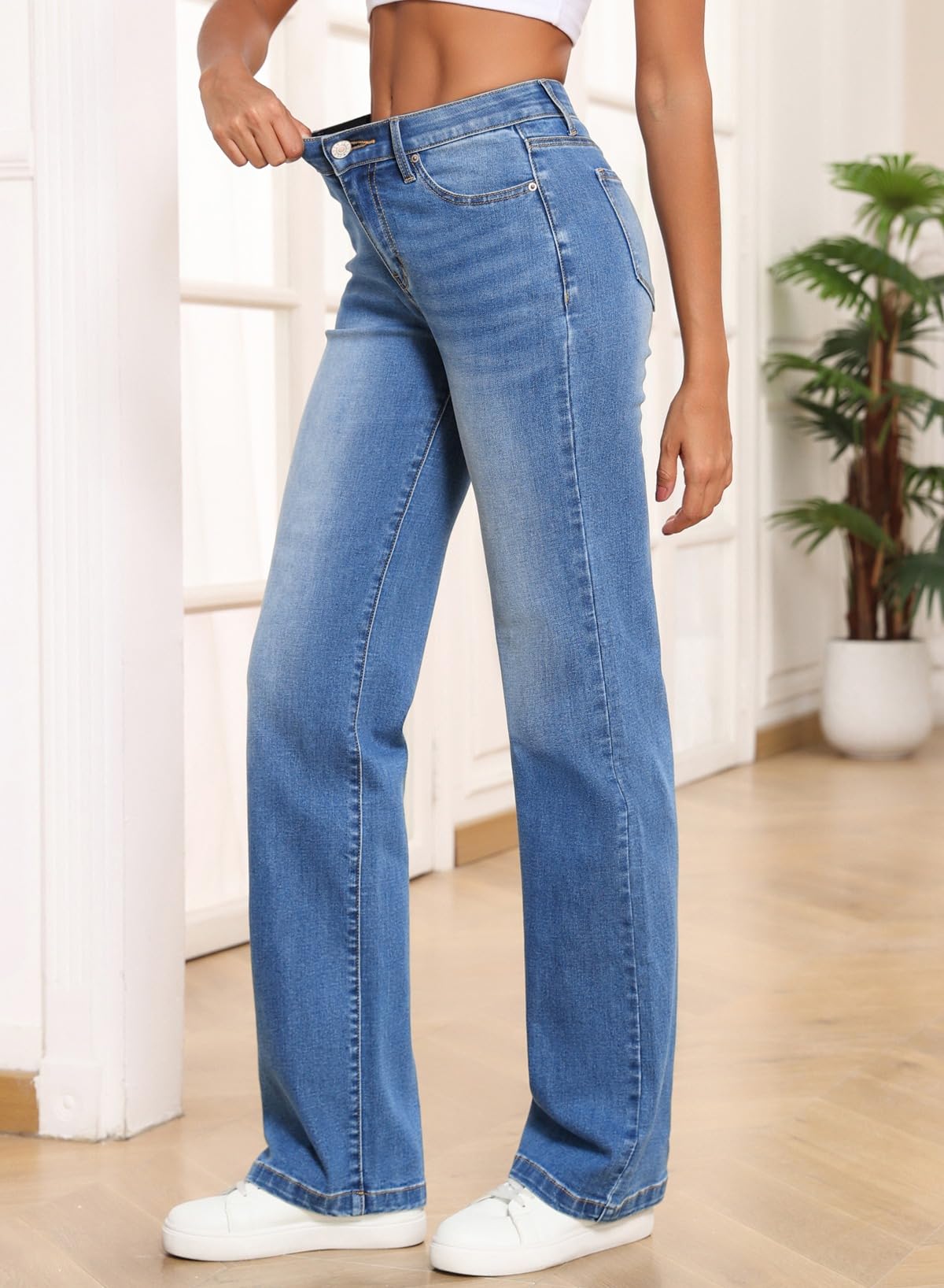 Sidefeel Women's Straight Leg Jeans High Waisted Stretchy Elastic Waist Trendy Wide Leg Denim Pants Light Blue Size 10