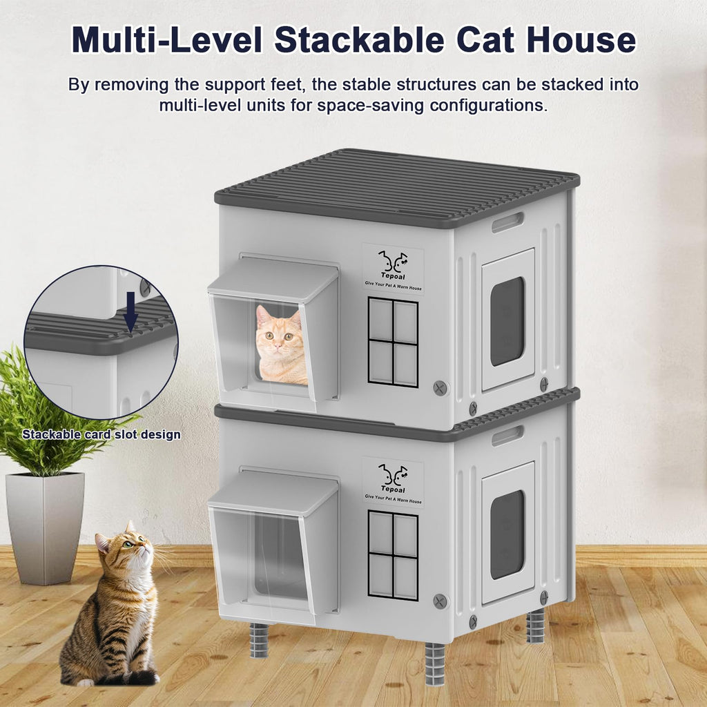 Tepoal 17.7"x17"x17.5" Plastic Heated Cat House for Outside Winter, Weatherproof Outside Cats Shelter with Safety Escape Doors and Heating Pads, Elevated Feral Cat House for Wild and Stray Cats (Grey)