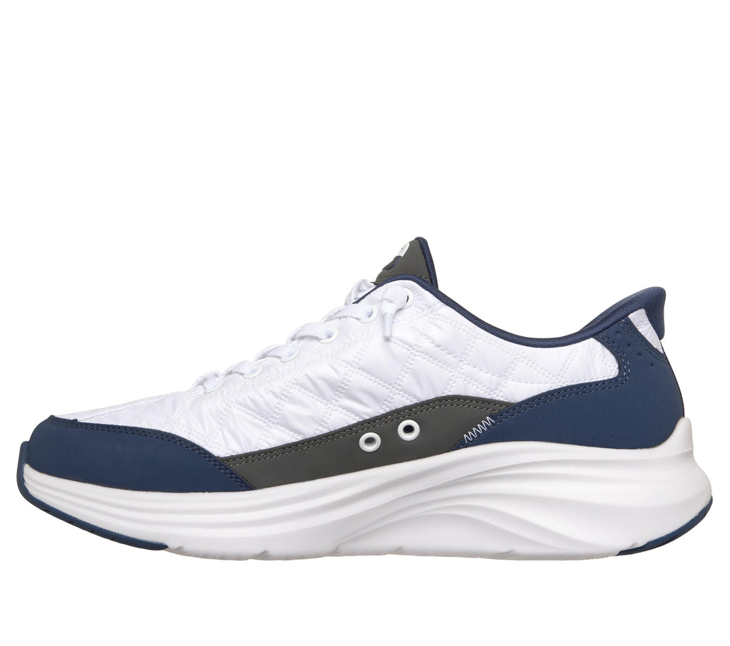 Skechers Men's Contour Foam Cozy Fit Hands Free Slip-in Sneaker,White/Navy,9 Wide
