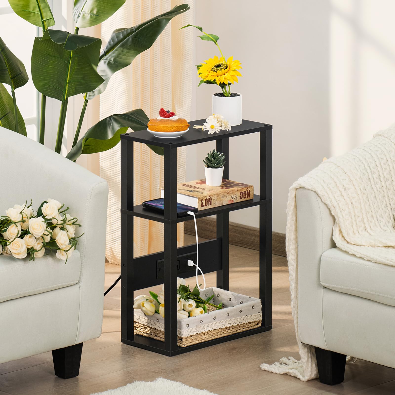 YUFAM 3-Tier Small Narrow Wood Side Table Set of 2 with Charging Station - Skinny Nightstand for Small Spaces, Slim Bedside Table with USB Ports and Outlets - Thin End Table with Storage, Black