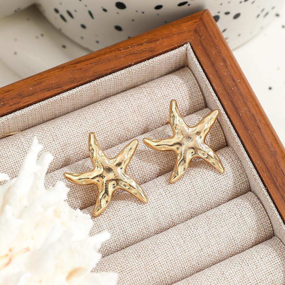 14K Gold Plated Starfish Earrings for Women Trendy, Boho Summer Beach Starfish Earring Gold Statement Hypoallergenic Studs Vacation Outfits Accessories Jewelry (Gold-2)