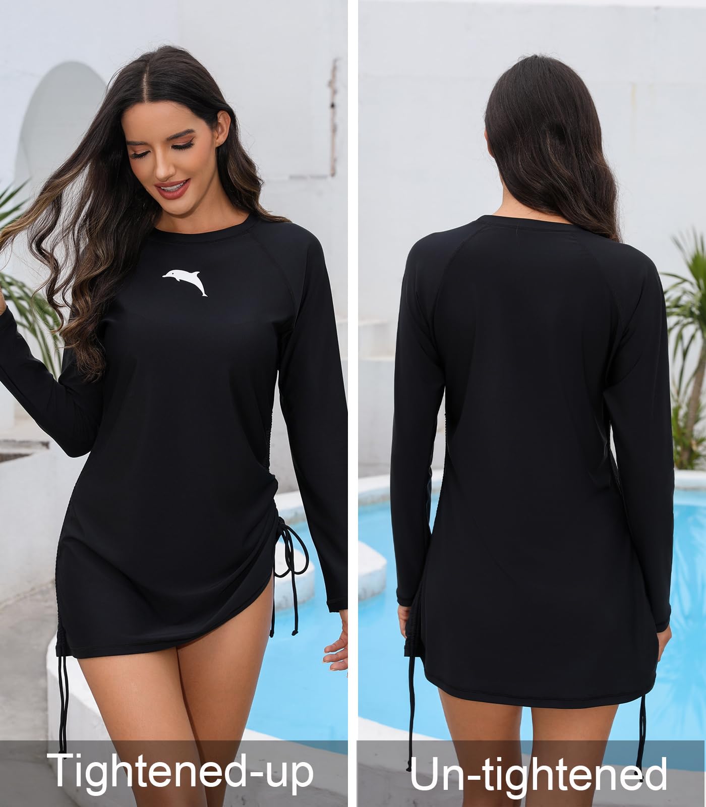 Halcurt Women's Long Sleeve Rash Guard Swim Shirt with Tie Drawstring UPF 50+ Sun Protection Swimsuit Top Jet Black M