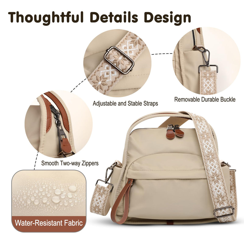 Nylon Crossbody Bags for Women, Water-Resistant Lightweight Shoulder bag with Large Capacity & Organized Design, Top Handle Bag with 2 Interchangeable Adjustable Shoulder Straps(Khaki)