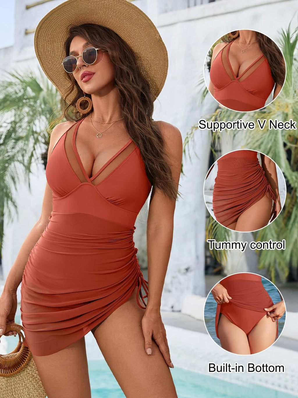 Blooming Jelly Women One Piece Swim Dress Tummy Control Swimsuits Slimming Mesh Sheer Bathing Suit (L, Brick Red)