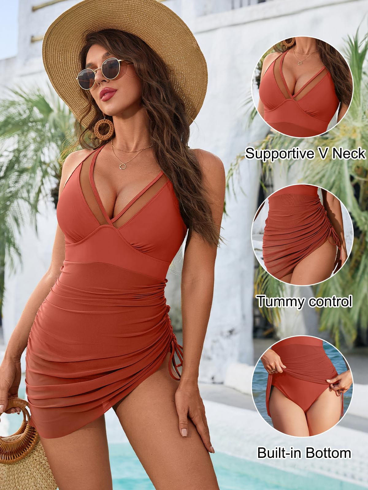 Blooming Jelly Women One Piece Swim Dress Tummy Control Swimsuits Slimming Mesh Sheer Bathing Suit (L, Brick Red)