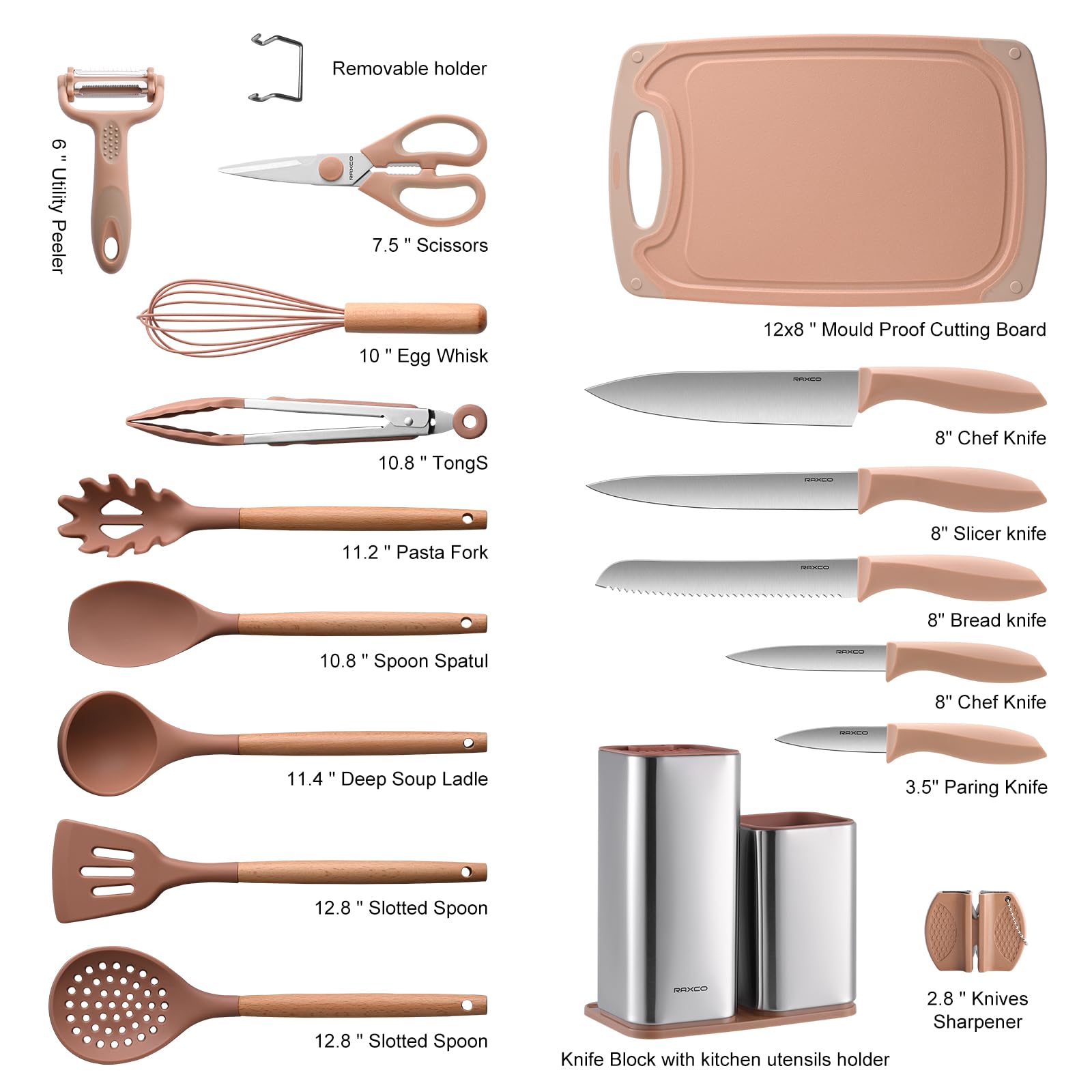 RAXCO Utensil Sets,18-Piece Silicone Cooking Utensils and Kitchen Accessories with Holder,Mousse