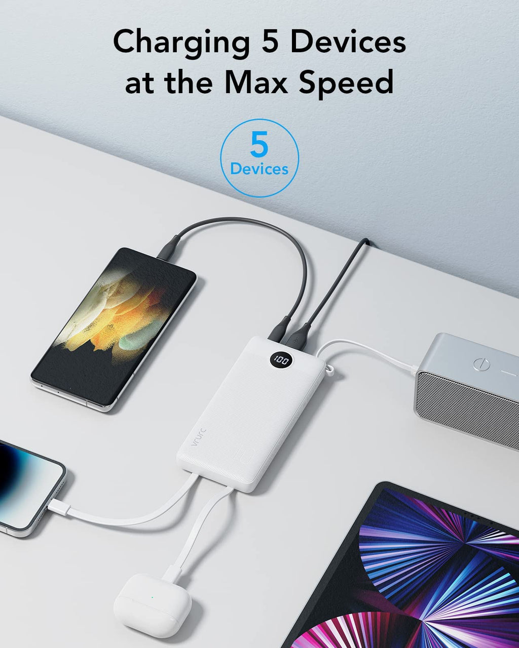 VRURC Portable Charger Built in Cables, Slim Power Bank 10000mAh, Multi Devices Charging Bank with Lanyard, USB C Battery Pack 5 Outputs for iPhone 17 Pro 17 16 15 14 13, Samsung Phones-White(1 Pack)