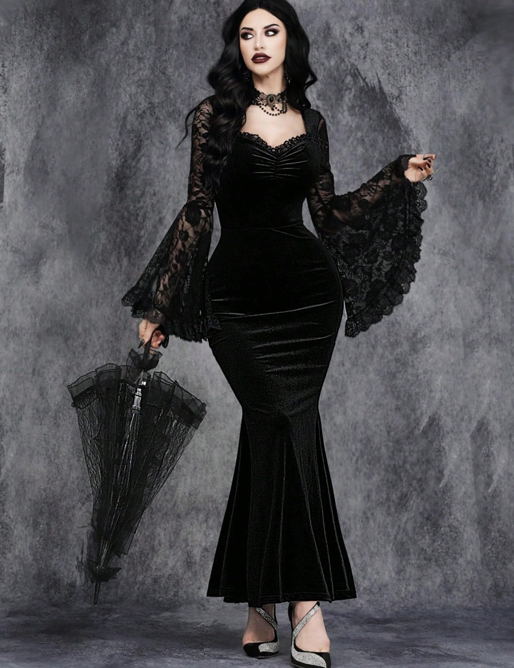InGoticos Women Gothic Sexy Lace Patchwork Sleeve Fishtail Velvet Goth Dress Without Choker & Umbrella Black