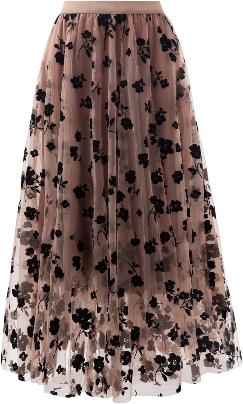 Reaowazo Skirts for Women Midi Long Length Dressy Casual Trendy Summer Tulle A-Line Floral High Waist Skirt Khaki L-XL