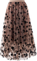 Reaowazo Skirts for Women Midi Long Length Dressy Casual Trendy Summer Tulle A-Line Floral High Waist Skirt Khaki L-XL