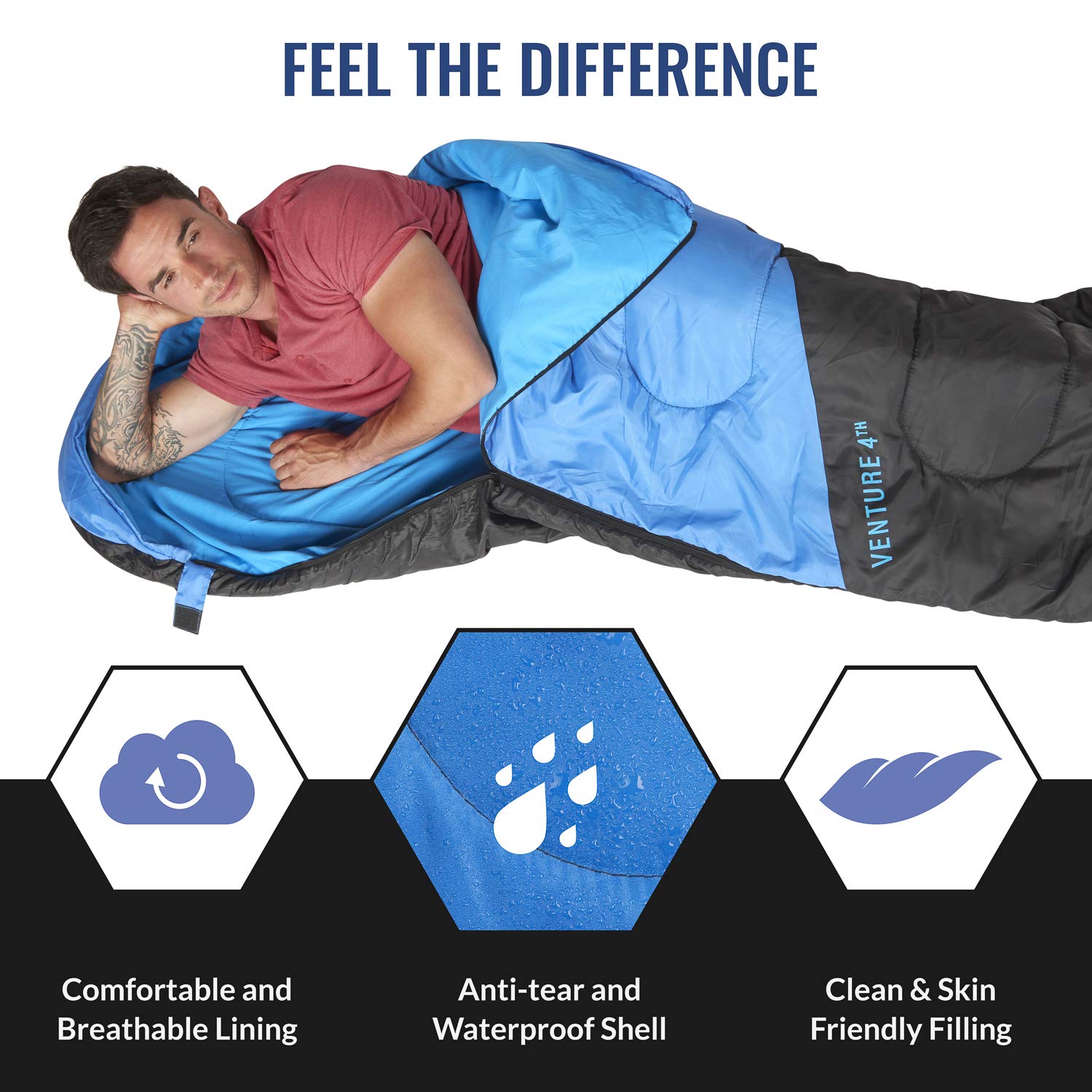 VENTURE 4TH Summer Sleeping Bag, Single, Regular Size - Lightweight, Comfortable, Water Resistant Backpacking Sleeping Bag for Adults & Kids - Ideal for Hiking, Camping & Outdoor – Blue/Gray