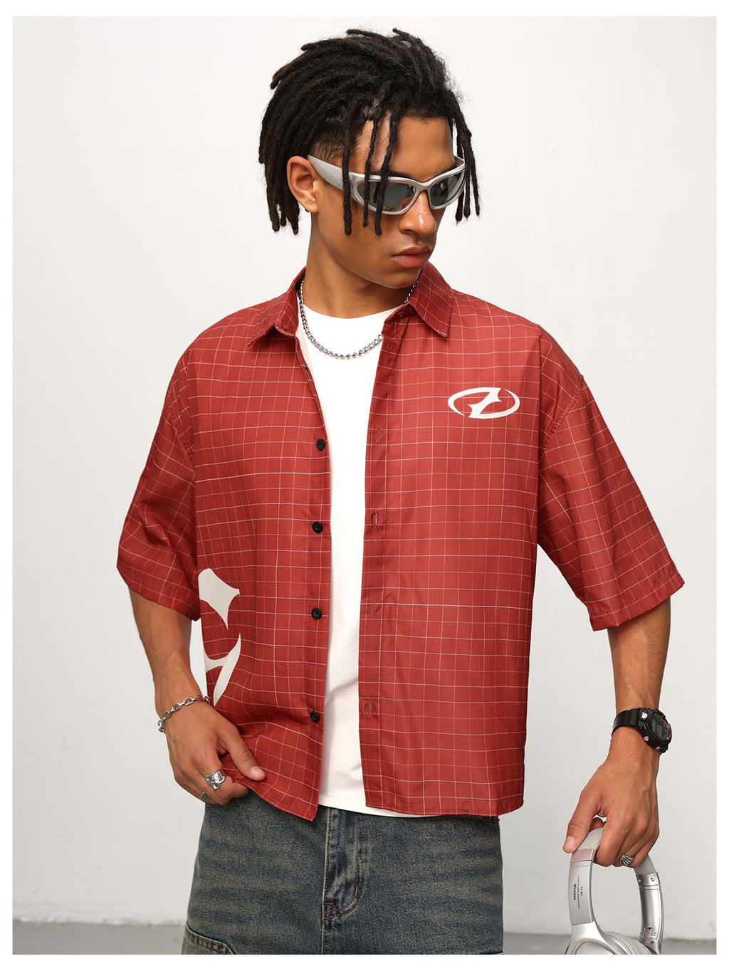 VIPWOLF Men's Gingham Cropped Shirt Oversized Baggy Short Sleeve Collared Button Up Plaid Boxy Streetwear Tees Tshirts Red Large
