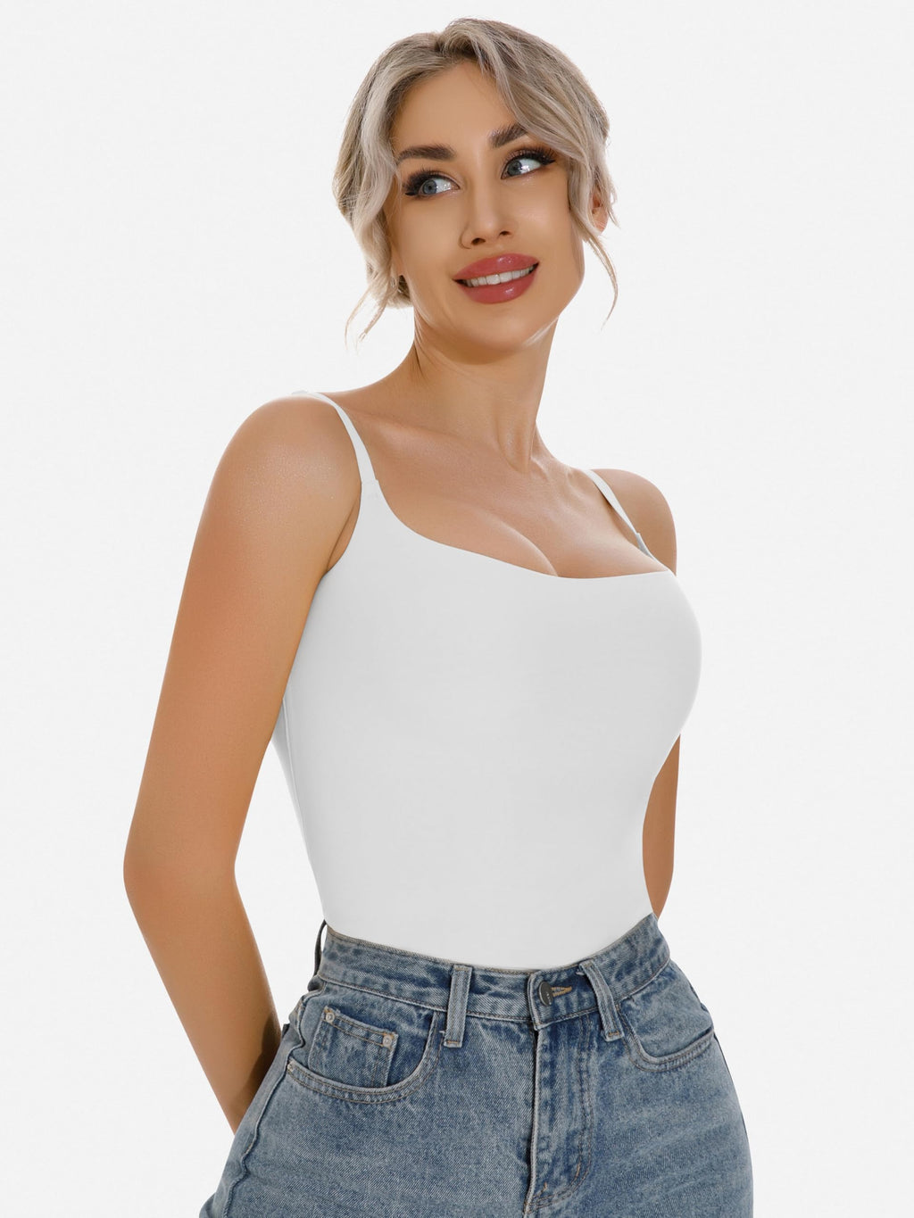 Artdear Women's Square Neck Tank Top Basic Spaghetti Straps Camisole Sexy Double Lined Cami Crop Tops Air Touch Fabric (XX-Large, White)