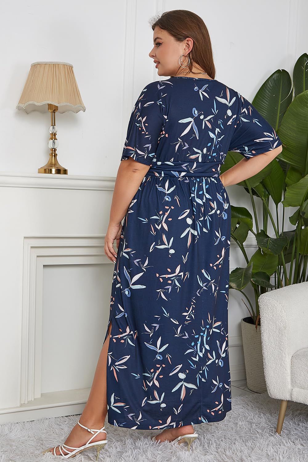Keluummi Plus Size Maxi Dress for Women Floral Empire Waist V-Neck 3/4 Sleeve with Pockets(18 Plus, 02 - Navy Blue Floral)